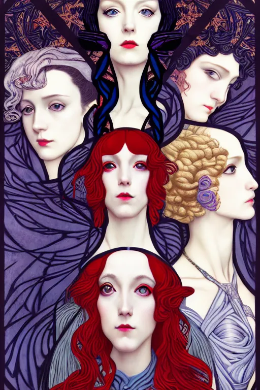 Image similar to a triad of winter muses, style blending æon flux, shepard fairey, botticelli, ivan bilibin, and john singer sargent, inspired by pre - raphaelites, shoujo manga, and harajuku fashion, stark landscape, muted dark colors, superfine inklines, ethereal, otherworldly, 4 k photorealistic, arnold render