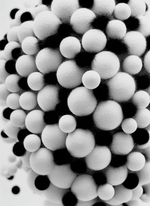 Prompt: realistic object photo of molecule made of black and white ping pong balls, hairy fluffy caterpillars, readymade, dadaism, fluxus, man ray, x - ray, electronic microscope 1 9 9 0, life magazine photo