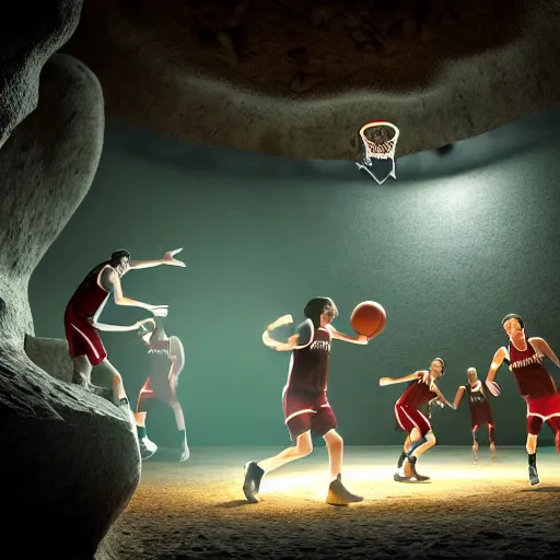 Image similar to octane render of cavemen playing basketball inside cave at night, cave lit by torch light, stalagmites