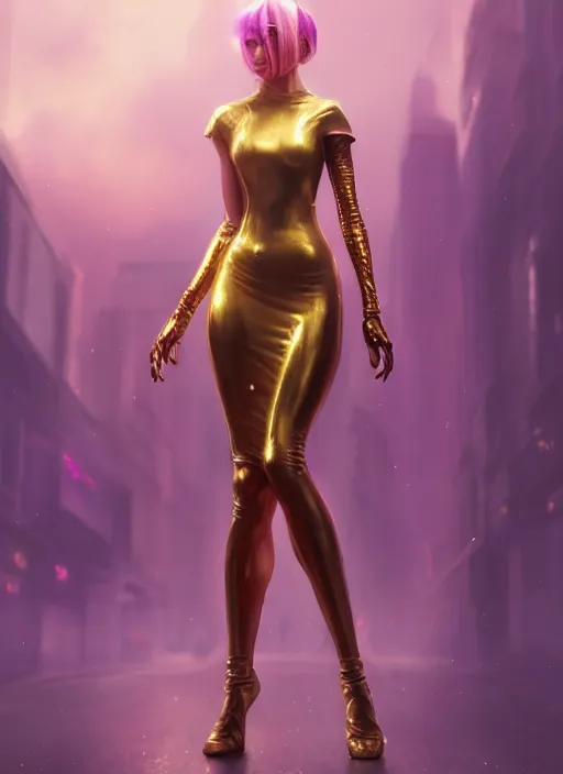 Prompt: young woman wearing dress : : purple - gold streets cyberpunk : : weta disney pixar movie still photo : : decadent highly - detailed digital painting, heroic pose, full length shot, golden ratio, octane render, artstation, smooth, sharp focus, artgerm, mucha, loish, wlop, gogo