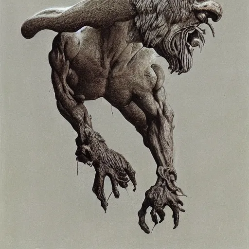 Image similar to creature with with four faces : eagle, bull, man, lion. drawn by zdzislaw beksinski