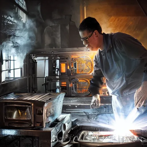 Image similar to cyborg toaster oven repairman, dark messy smoke - filled cluttered workshop, dark, dramatic lighting, orange tint, sparks, plasma rays, cinematic, highly detailed, sci - fi, futuristic, movie still