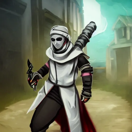 Image similar to rpg rogue walking in an alley, bandaged face, sharingan eyes, leather armour, fantasy