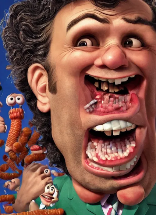 Prompt: hyperrealistic mark ruffalo screaming on a dartboard surrounded by big fat frankfurter sausages with a trippy surrealist mark ruffalo screaming portrait by aardman animation and norman rockwell