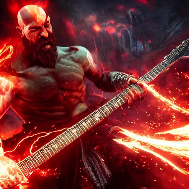 Image similar to glowing demon eyes kratos shredding on a flaming stratocaster guitar, cinematic render, god of war 2 0 1 8, santa monica studio official media, flaming eyes, lightning