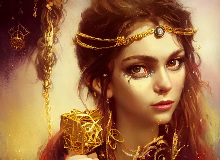 Image similar to full body picture of a pirate girl, hard breathing, messy hair, very excited, sparkling eyes, front of the treasure box, jewels and gold on the background, coveted, beautiful and aesthetic and attractive and detailed face, specular reflection, occlusion shadow, intricate, bokeh, masterpiece, by ilya kuvshinov and jeremy lipking and quentin mabille