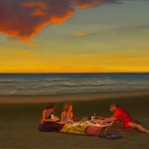 Prompt: Painting of a picnic on the beach at sunset, Greg rutoski style, WLD, digital masterpiece, highly detailed, 4K, oil painting on canvas