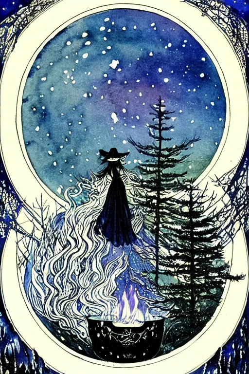 Prompt: a black witch's cauldron over a burning flames in the center of a circular frame, winter, snow, blue, night, sky, stars, snowy pines in the background, detailed art by kay nielsen and walter crane, illustration style, watercolor