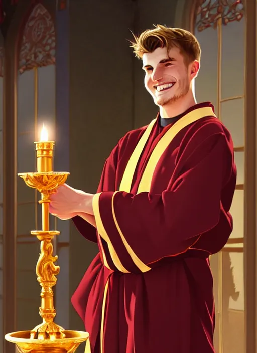 Image similar to grinning timo werner as a priest wearing robes. holding golden candlestick, in a monestry natural lighting, path traced, highly detailed, high quality, digital painting, by don bluth and ross tran and studio ghibli and alphonse mucha, artgerm