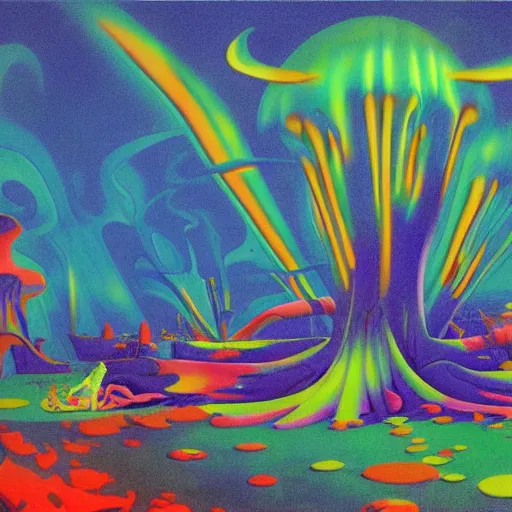 Prompt: rave party by roger dean
