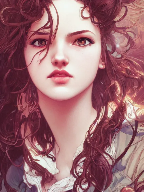 Image similar to close up picture of a beautiful woman, scarlet lips ringlet hair, jacket, highly detailed, detailed face, smooth, sharp focus, chiaroscuro, manga illustration, artgerm, greg rutkowski, alphonse mucha, young adult light novel cover art