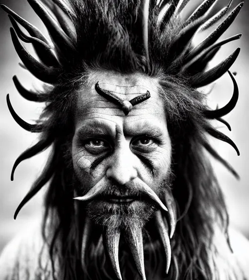 Prompt: Award winning Editorial photograph of Early-medieval Scandinavian Folk monsters with incredible hair and piercing hyper-detailed eyes by Lee Jeffries, 85mm ND 4, perfect lighting, wearing traditional garb, With huge sharp jagged Tusks and sharp animal horns, gelatin silver process