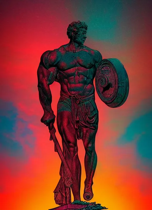 Image similar to statue of hercules, heroic, beeple, android jones, dan mumford, vaporwave, retrowave, black background, neon wiring, black, glitch, strong contrast, cuts, pinterest, trending on artstation