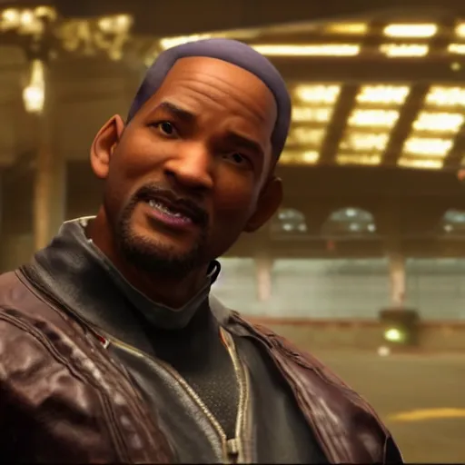 Image similar to a videogame still of Will Smith in Tekken 7, 40mm lens, shallow depth of field, split lighting