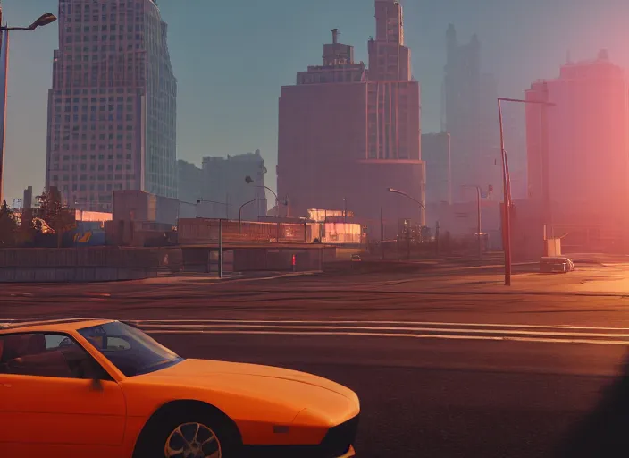 Image similar to gta in moscow, playstation 5 screenshot, mega details, golden hour, orange lights, fog, beautiful rtx reflections, brutalism buildings, photorealistic, unreal engine 5, octane render, volumetric light, cg society, 4 k, bokeh, lada car, artstation