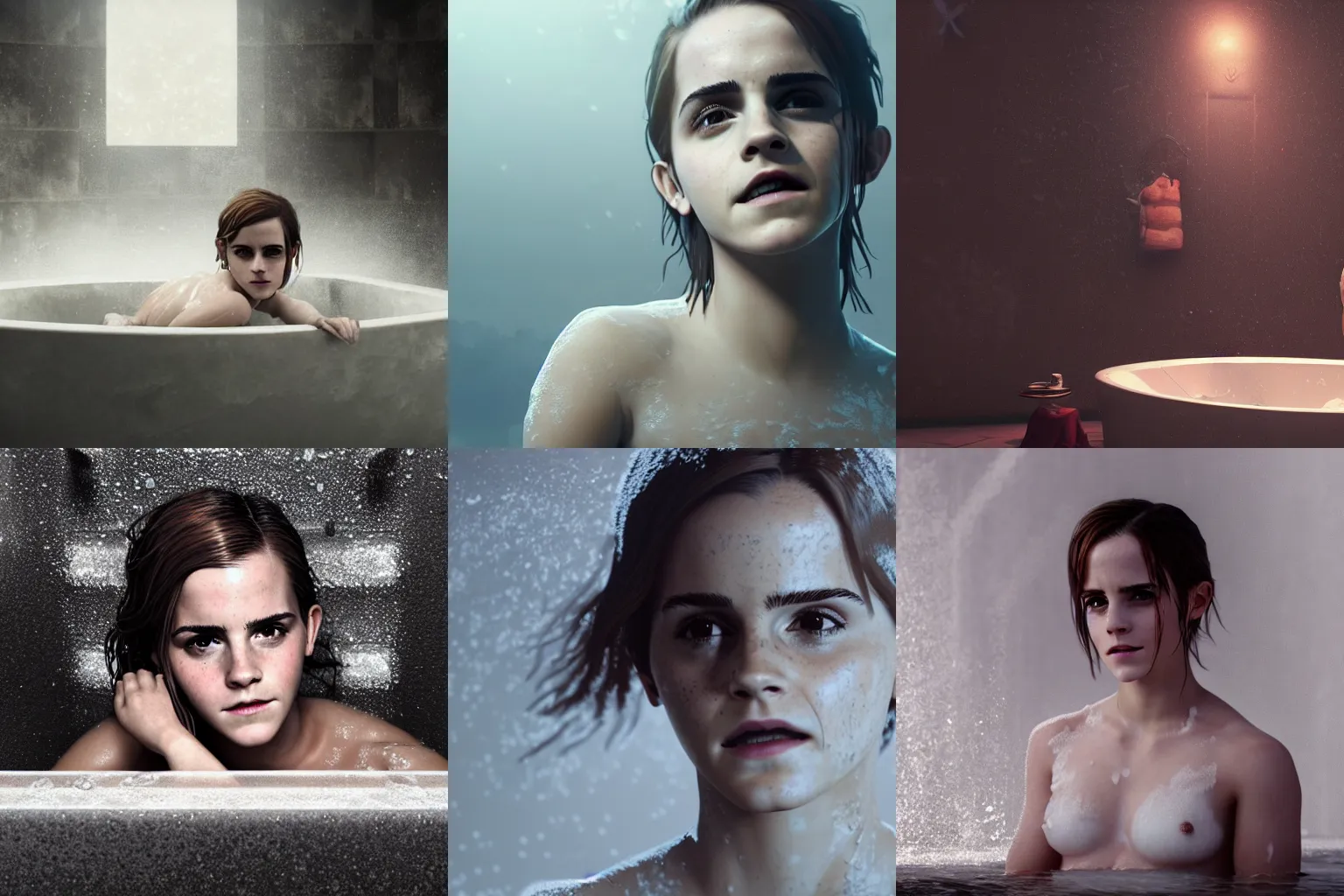 Prompt: Emma Watson in soapy bathtub, sharp focus, octane render, volumetric lighting, 8k high definition, by greg rutkowski, highly detailed, trending on art Station