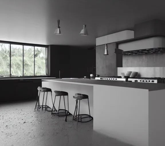 Image similar to brutalist black house kitchen with 2 islands interior design minimalist organic, organic architecture furniture open space high quality octane render blender 8 k