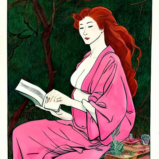 Image similar to beautiful ittle girl with long curly red hair dressed in a pink kimono and sitting next to a tree while reading a book, artwork made in western comic art style, inspired in balthus, anatomically correct, higher details