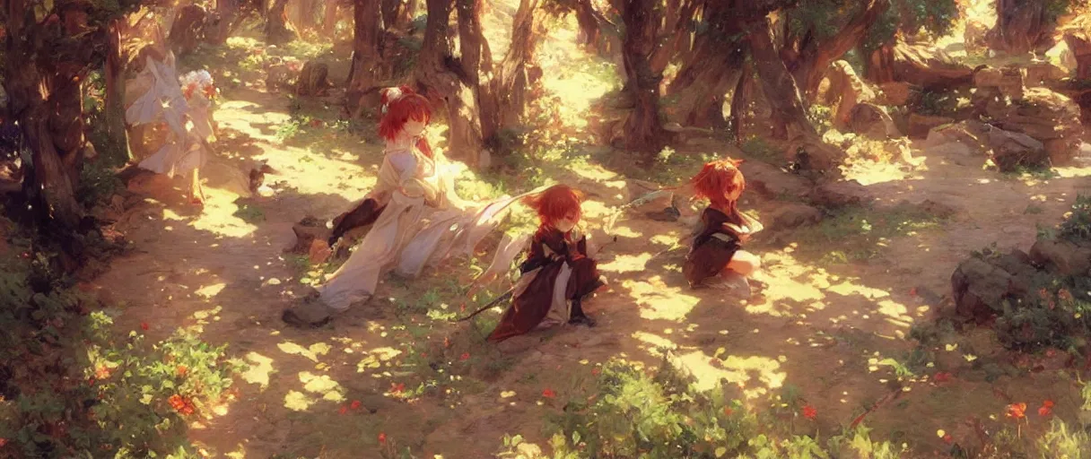 Image similar to cute anime landscape painting by gaston bussiere, craig mullins, j. c. leyendecker