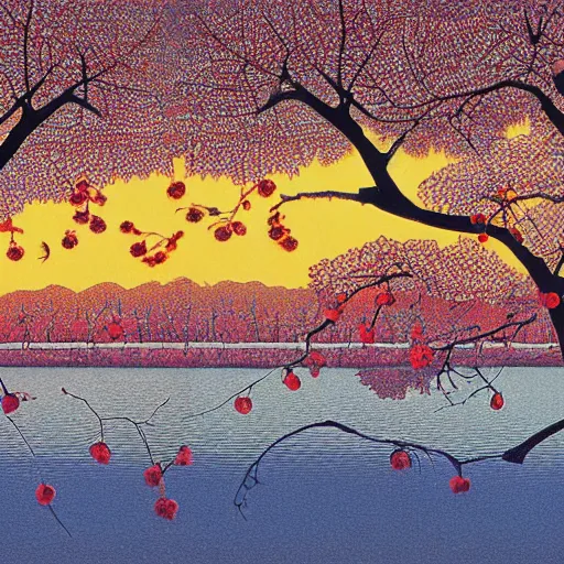 Image similar to birds on cherry tree, Changelingcore, serene, graceful, sunset photo at golden hour, Kodachrome, digital painting by M. C. Escher