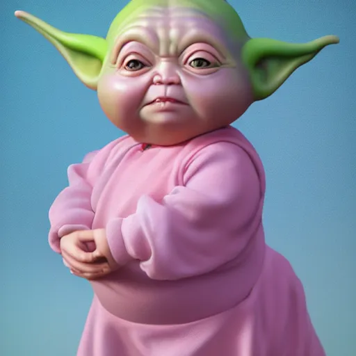 Prompt: a fat chubby pink baby girl yoda with long curly pink hair wearing a dress, highly detailed, photo realistic, 8 k resolution