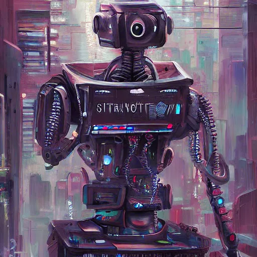 Prompt: a very beautiful and very detailed painting of a robot artist painting on a canvas, cyberpunk digital art, dystopian style
