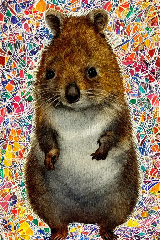 Prompt: detailed illustration, a portrait of a happy quokka on a white background, may gibbs, layered composition, layers, texture, textured, layered, sculpted, dynamic,