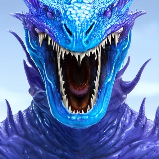 Prompt: man getting hit by a small wave of blue goo, transforming him into a violet dragon, digital art, concept art, face close - up, lizardlike tongue, trending on artstation, gooey, highly detailed, slimey, rich iridescent colors, 8 k hd, 3 d render, d & d