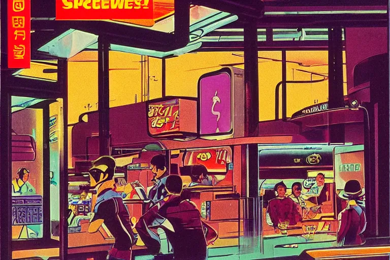 Image similar to 1 9 7 9 science fiction magazine cover depicting a fast food window downtown in neo - tokyo. in the style of bladerunner concept art by syd mead