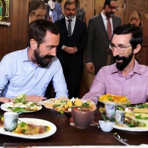 Prompt: santiago abascal eating with pablo echenique