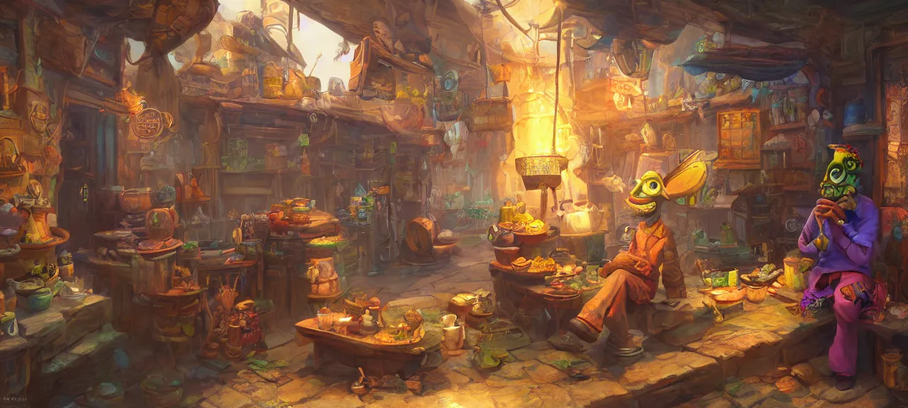 Prompt: a beautiful painting of a psychonauts merchant by james gurney | unreal engine :. 3