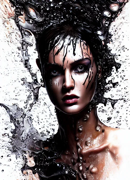 Image similar to fierce wet fashion model, splash, sweat skin, liquid metal, effervescent, black roses, poster art, high detail, intricate oil painting and splashed watercolor, deep mood, hyperrealism, 3 d, in the style of irakli nadar,