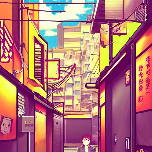 Image similar to salary man in small alley in golden gai, vaporwave nostalgia, commodore 6 4, visual novel cg, 8 0 s anime vibe, kimagure orange road, maison ikkoku, trending on artstation