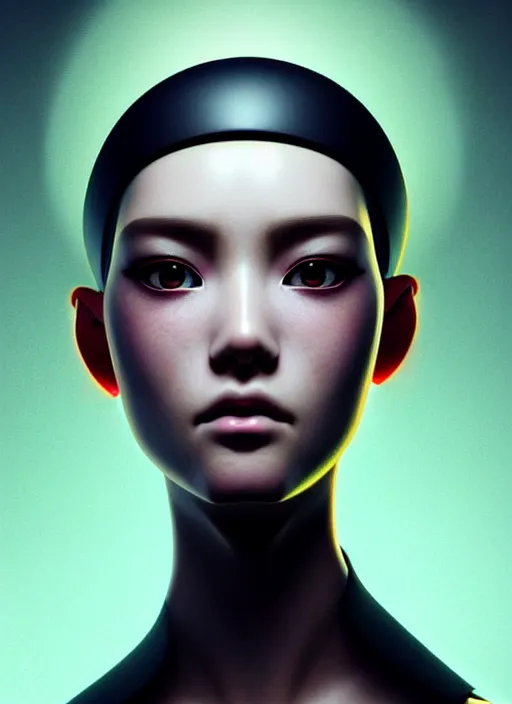 Image similar to photorealistic portrait of oriental female humanoid with freckle cheeks, cyber neon lightings, intricate, cyberpunk high fashion, elegant, crispy quality, digital photography, trending in artstation, trending in pinterest, glamor pose, no signature, no watermark, cinematic, octane render, art by artgerm, art by greg rutkowski, art by pascal blanche