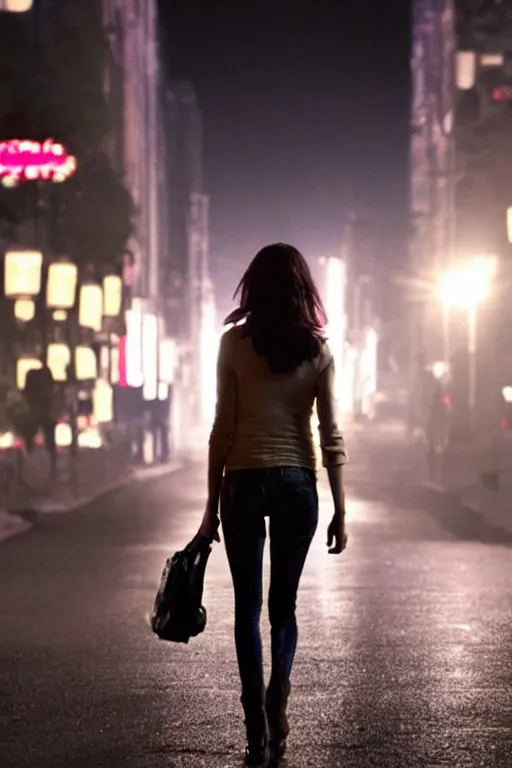 Prompt: photo of jessica jones walking down a nighttime street with a bottle in her right hand