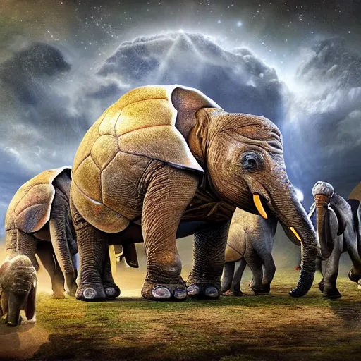 Image similar to Great A'Tuin the Giant Star Turtle carrying four giant elephants who carry the Discworld, epic fantasy art in hyper realistic photograph