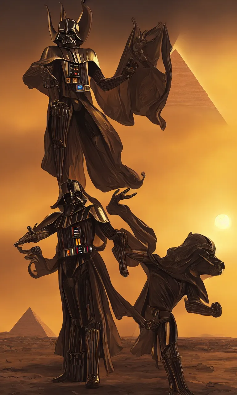 Prompt: A majestic full body character design of Anubis Darth Vader in golden Armor, golden sunset and pyramids in the background. Digital painting, ornate, very detailed, concept art, smooth, sharp focus, cinematic, cgsociety, artstation