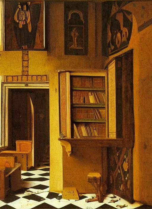 Image similar to bookshelf with books, medieval painting by jan van eyck, johannes vermeer, florence