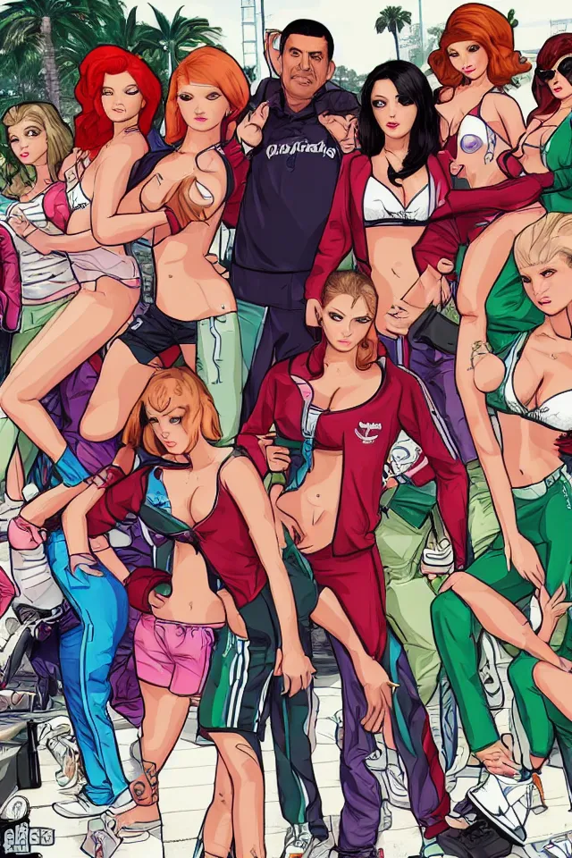 Image similar to A GTA 5 game loading screen featuring A Pterodactyl, La Llorona, a redhead Waifu, CHAPPIE in an Adidas track suit, a TVR Sagaris, and Playboy Bunnies from 1960