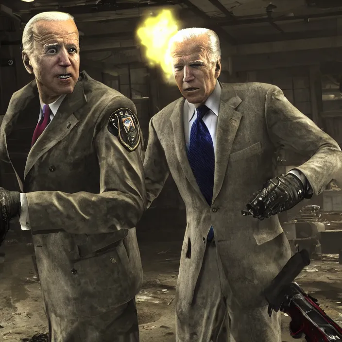 Prompt: Joe Biden and Donald Trump in Call of Duty Zombies, Gameplay Screenshot, Direct Warm Lighting, High Graphics, Detailed