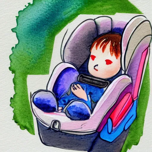 Prompt: a watercolor of a kawaii toddler sleeping in his car seat