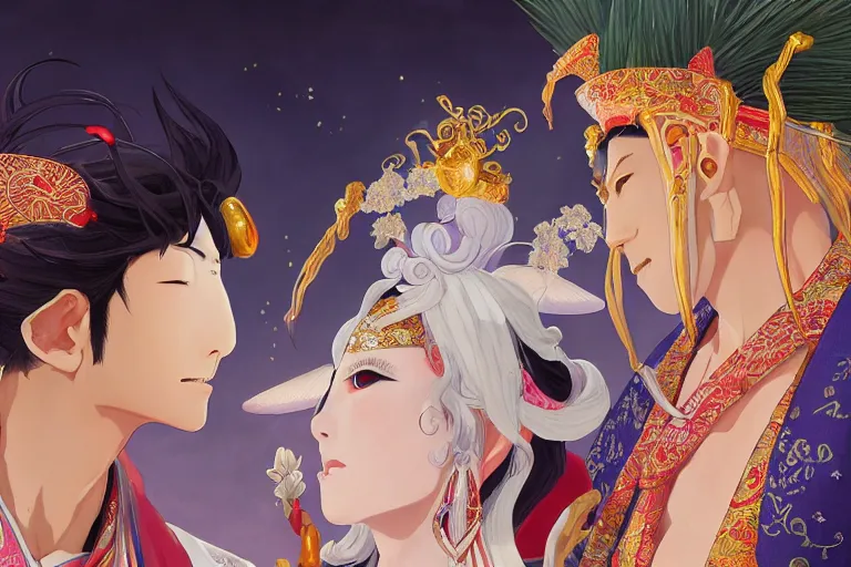 Image similar to close up moment of a divine a japan sun god and a moon goddess lovers magician at a wedding banquet, highly detailed, genshin, fantasy, 4 k realistic, digital painting, trending on artstation, concept art, sharp focus, illustration, art by makoto shinkai and akihiko yoshida and daniel gerhartz