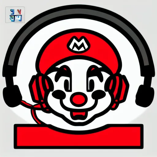 Image similar to svg sticker of a Pop-Wonder SuperMario, Mario-Wearing-a-red-hat, at a rave, spinning records, giant headphones rocking out, wearing headphones, huge speakers, dancing, rave, DJ, spinning records, digital art, amazing composition, rule-of-thirds, award-winning, trending on artstation, featured on deviantart