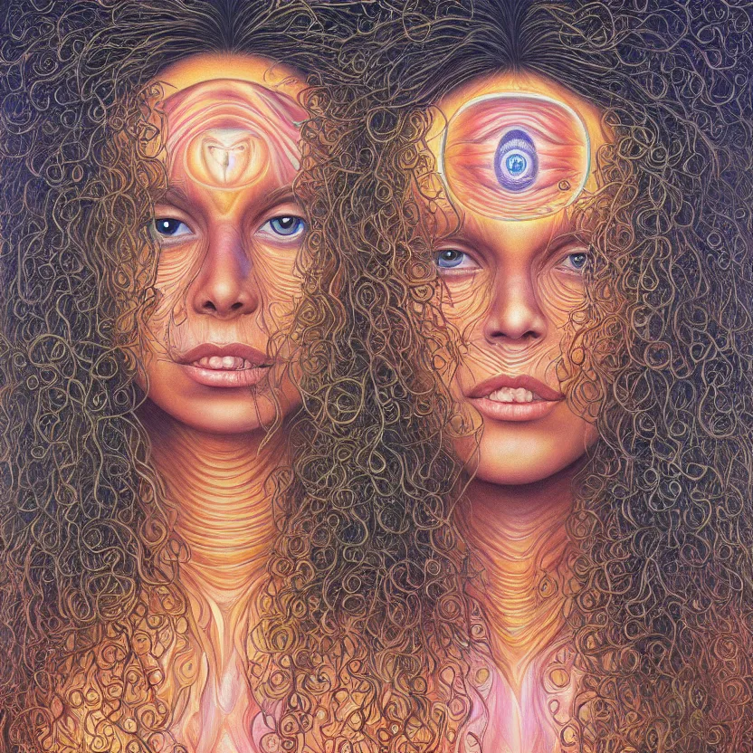 Prompt: perfectly centered portrait front view of a beautiful mushroom goddess, flowing hair, intense stare, sweet smile, symmetrical, volumetric shadows and lighting, realistic oil painting by alex grey,