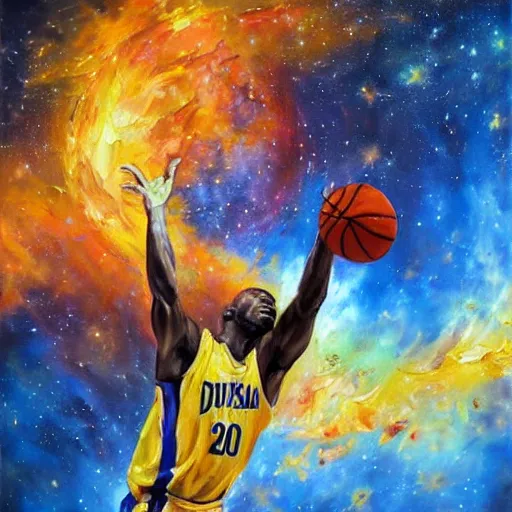 Image similar to an expressive oil painting of a basketball player dunking, depicted as an explosion of a nebula