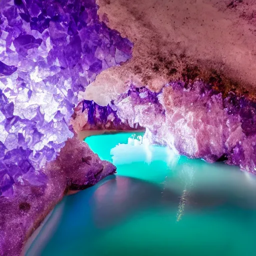 Image similar to photo inside an amethyst cave with a hotspring, highly detailed, 8k, HDR, award-winning,