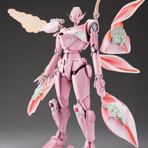 Image similar to futuristic nymphaea themed mecha waterlily upper body, flower sepal forming clawed hands, highly detailed, nymphaea, 8 k hd resolution, barbatos gundam with floral inlay, bandai box art, star wars, makoto kobayashi, frank gehry, raymond swanland