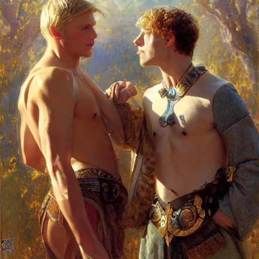 Image similar to attractive male, arthur pendragon who has blond hair confesses his love to attractive male, merlin who has dark hair. highly detailed painting by gaston bussiere, craig mullins, j. c. leyendecker 8 k