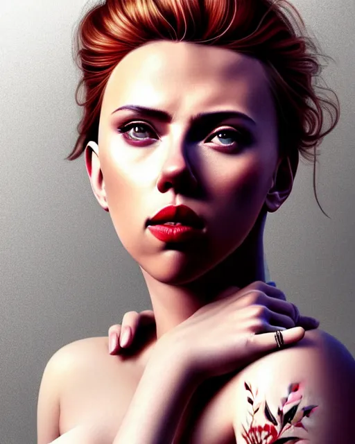 Image similar to full body gorgeous Scarlett Johansson, realistic character concept, arm and neck tattoo sleeves, full body pose, autumn, makeup, shorter neck, illustration, symmetrical eyes and body, cinematic lighting, detailed realistic symmetrical eyes, artgerm, Joshua Middleton, single face, insanely detailed and intricate, beautiful