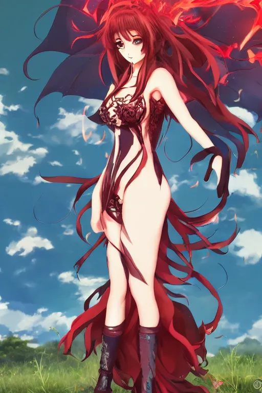 Image similar to a anime of beautiful full body concept art, ultra beautiful face, queen of hell wearing full fire clothing standing in a field, pixiv fanbox